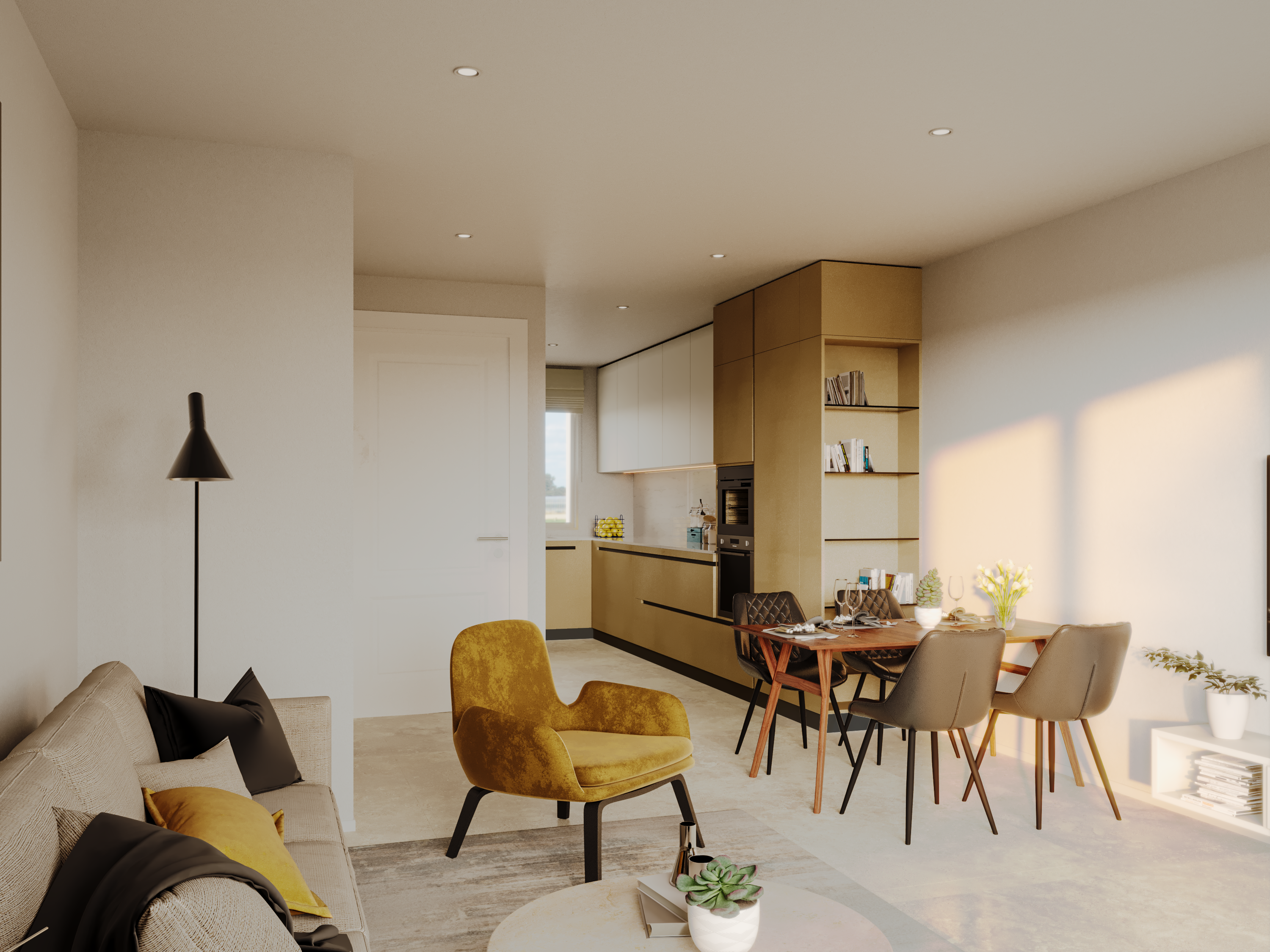 CGI open plan living area kitchen view