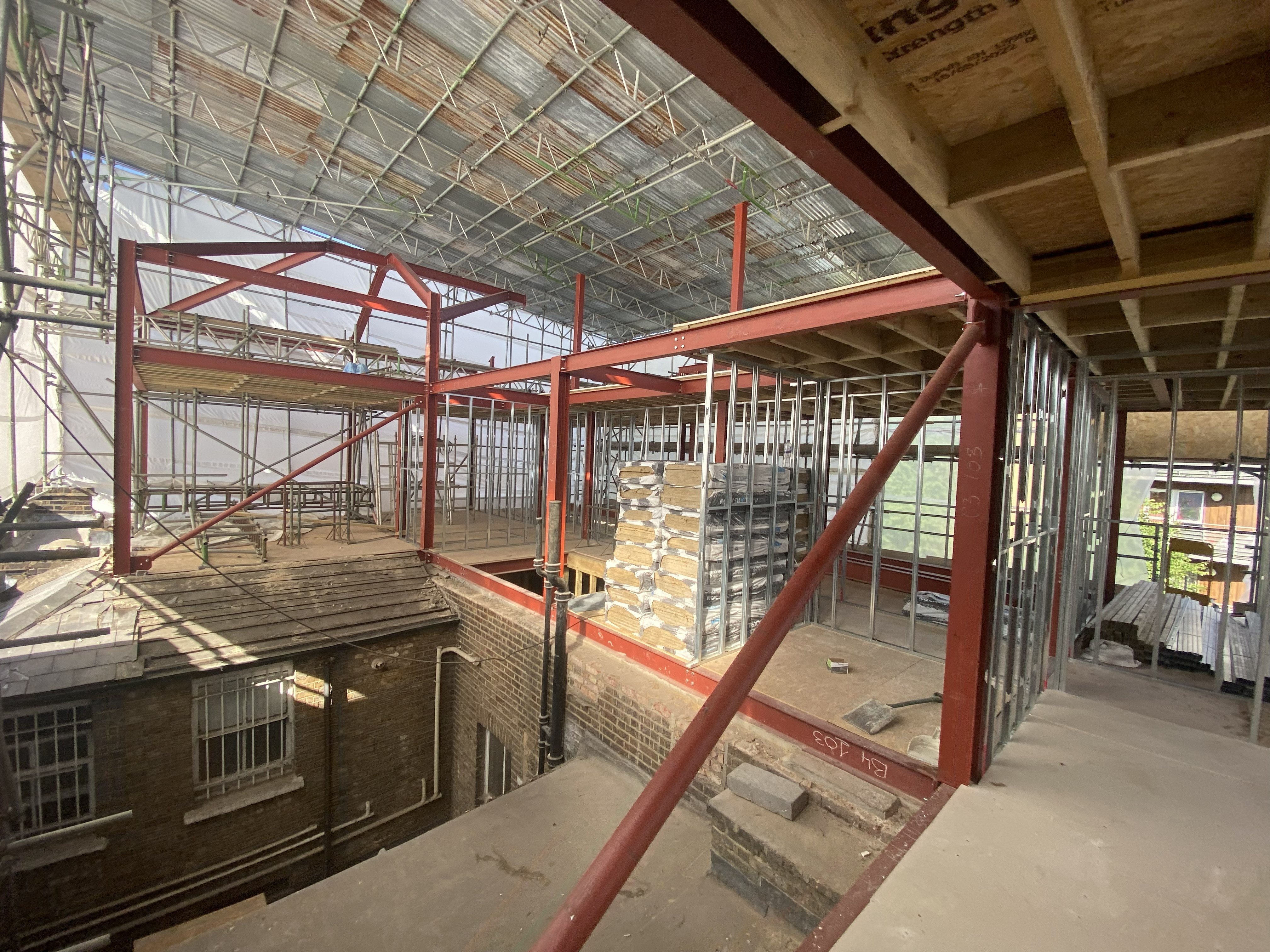 Upper floor steel frame metal stud partitions